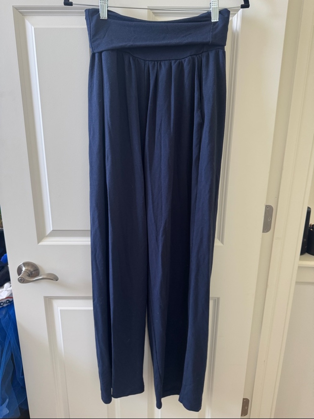 Quince Navy Fold-Over Waist Wide-Leg Sweatpants